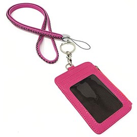 Rhinestone Pu Leather Lanyard with 5 Slots Slim Zipper Wallet id Badge Holder (Hot Pink)