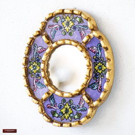 Gold Hanging Oval mirror on the wall home decor | Peruvian Hand-painted glass small mirror wall art decorations (Purple)