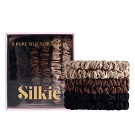 SILKIE Set of 6 100% Pure Mulberry Silk, Black and Brown, Pink, Nude, Neutral Thin Hair Bobbles with Travel Bag, Hair Bobbles for Everyday Hair Care, Ponytail Holder, No Hair Damage (Truffle)