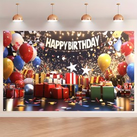 BSFHH Vibrant Birthday Party Backdrop with Balloons & Gift Boxes – Premium Photo Booth Decoration for Kids, Adults – 71x43 Inches Wrinkle-Resistant Fabric (Colorful Giftbox, 71" × 43")
