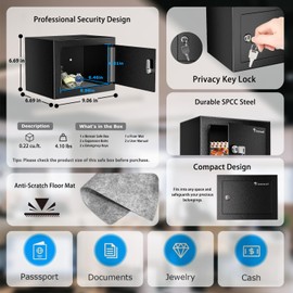 Bonsaii Safe Box with Key Lock, Steel Construction Money Safe Box, 0.22 Cubic Feet Small Hidden Safe Box for Home, Security Cabinet Safe Lock Box with Keys for Cash Jewelry, 6.69 x 9.06 x 6.69 Inches