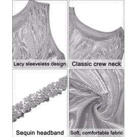 Happy Cherry Girls Flapper Dress Sleeveless Fringe Dance Latin Costume with Feather Headband and Tassel Kids 7-9T Silver