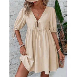 IDEALSANXUN Linen Dresses for Women 2025 Spring Summer Beach Tie Front V Neck Short Sleeve A Line Cute Flowy Swing Mini Sundress,Beige,XXL