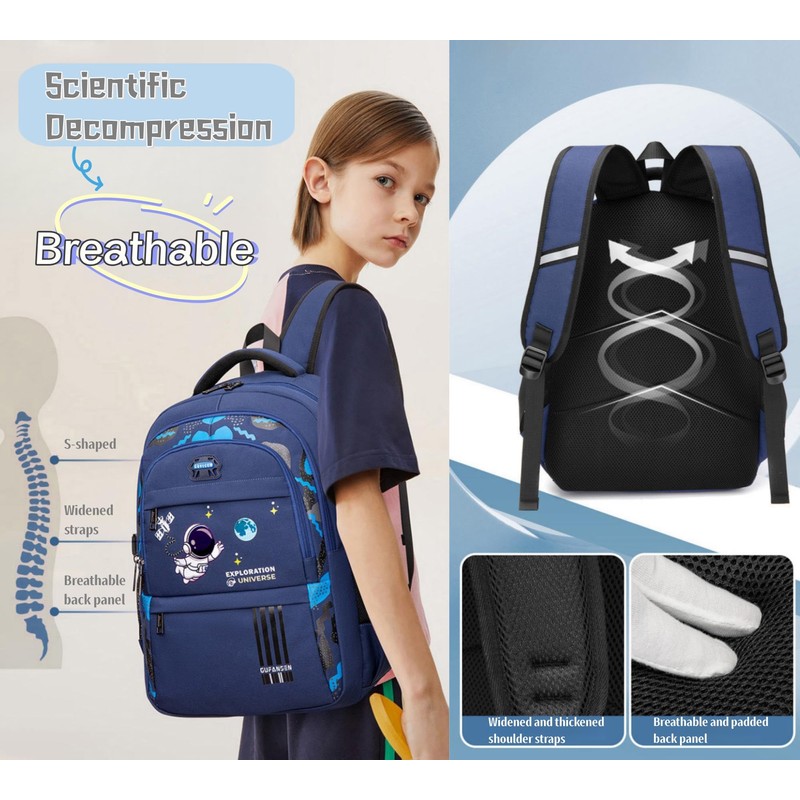 Space Childrens Backpack for Boys School, Multi-Pocket Boys School Bags