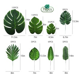 xinlong 78 Pcs 8 Kinds Fake Leaves Artificial Leaves Big Tropical Palm Leaves Monstera Leaf Faux Leaves for Safari Jungle Hawaiian Dinosaur Luau Party Table Decoration Wedding Birthday, Green