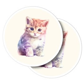 Vinyl Round Stickers (Set of 2) 10cm - Cute Watercolour Kitten Cat Girls Animal for Laptops, Tablets, Luggage, Scrap Booking, Fridges #58103