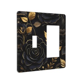 WMHUSU Decorative Outlet Covers Art Big Black Flowers Golden Leaves 2 Gang 1 Gang Wall Plate Cover Single Toggle Rocker Combination Light Switch Plate Covers Jumbo Switch Cover Plate