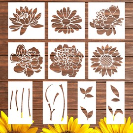 Keluna Large Flower Stencils, 10 Pcs Reusable Flower Stencils for Painting on Wood, Sunflower Peony Flower Stencils for Painting on Wood Garden Fence Wall Decor, Flower Templates for Painting