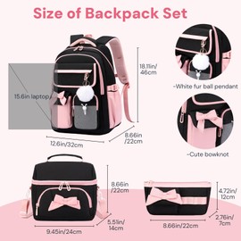 NIWEIYA Girls School Backpack with Lunch Box Pencil Case Set, Cute Middle School Bag Teen Girls Backpack Bookbag for Kids, 3pcs Black