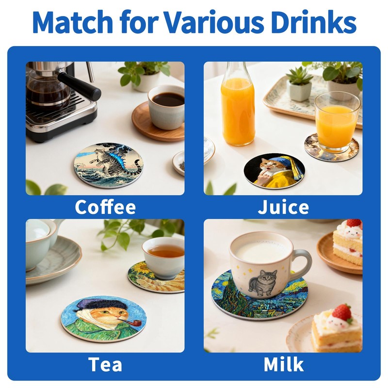 FUYAHA 6PCS Meme Funny Cat Coasters Absorbent Coaster for Desk