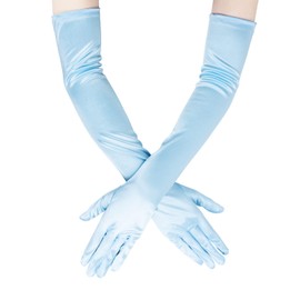 JISEN Women 20s Satin gloves Formal Bridal Banquet Party Wedding Opera Colorful Mitten 22 Inch Lake Blue