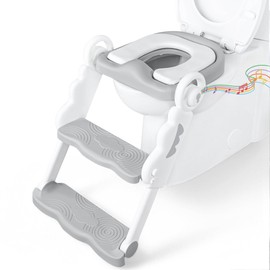 bebeleh Musical & Sound Toddler Potty Training Seat w/Step Stool Ladder - Collapsible & Adjustable Toilet, Pre Assembled Toddler Toilet Seat w/Music & Sounds - Splash Guard & Anti-Slip Steps - Gray