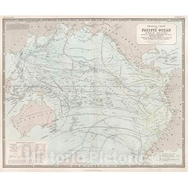 Historic Pictoric Map : Physical Chart of The Pacific Ocean., 1850, Vintage Wall Decor : 24in x 20in