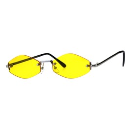 Skinny Oval Diamond Shape Sunglasses Womens Rimless Metal Frame Silver, Yellow