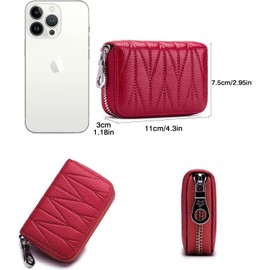 Meowoo Credit Card Holder RFID Blocking Genuine Leather Mini Credit Card Wallet Purse with Zipper for Women Men(W-Wine red)