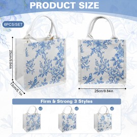 Kuabiz 6 Pcs Blue and White Floral Burlap Tote Bags Chinoiserie Jute Tote Bags with Handles for Wedding Bridal Wedding Decor