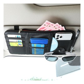 Augeny Car Sun Visor Organizer, Leather Personal Belonging Storage Pouch with Zipper, Car Visor Storage Pouch Sunglasses Holder, Auto Interior Accessories Pocket Organizers (Black)
