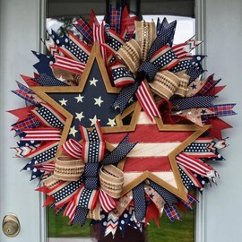 250th Anniversary Patriotic Wreath for Front Door, 17.7 Inch Red White Blue Wreath 4th of July Wreaths Memorial Day Decor Independence Day Decoration for Home Farmhouse Holiday (Star)