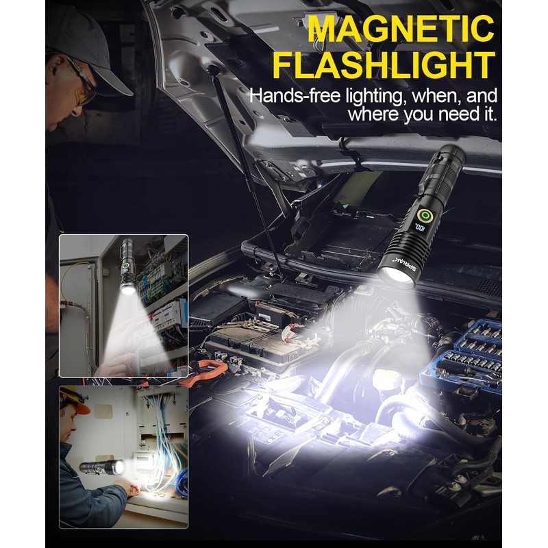 Spriak Rechargeable Flashlight High Lumens-Super Bright Magnetic Flash Light with