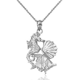 Sideways Crosses Textured Sterling Silver Seahorse Cockle Sea Shell and Fish Pendant Necklace, 22"