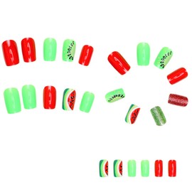 Watermelon Press on Nails Red & Green 24PCS Summer Fake Nails with Fruit Watermelon Designs Artificial Full Cover False Nails Detachable Glue on Nails Stick on Nails for Women Girls Nail Decoration