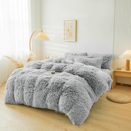 ERLOXO Fluffy Comforter Cover Set Queen - Fuzzy Plush Bedding 4Pcs (1 Faux Fur Duvet Cover + 2 Faux Fur Pillowcases + 1 Velvet Bed Skirt) Grey