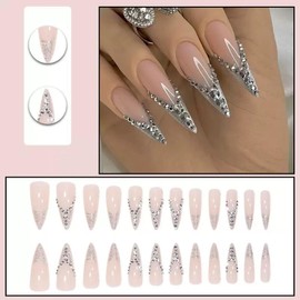 Press on Nails Long Stiletto Fake Nails French Tip False Nails with Rhinestone Design Glue on Nails Glossy Glitter Acrylic Nails Full Cover Stick on Nails for Women Manicure 24Pcs