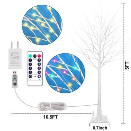 5FT Lighted Birch Tree with 90 LEDs Warm White and Multicolor Lights, 8 Functions Remote Faux Light Up Twig Christmas Tree with Lights for Indoor Outdoor Xmas Holiday Party Decoration