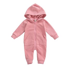 Seyurigaoka Baby Boys Girls Jumpsuit Hoodie Romper Zipper Long Sleeve One Piece Outfits Fall Winter Warm Clothes for Unisex (Pink, 12-18 Months)