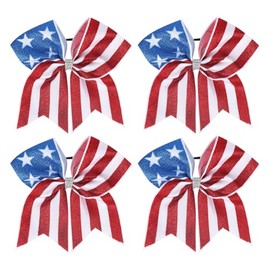 4 Pcs 4th of July Hair Bows Patriotic Bow Hair Ties American Flag Hair Bands Large Glitter Cheer Hair Bows Red White Blue Hair Ties Independence Day Elastic Hair Accessories