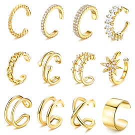 Kakonia 9Pcs Ear Cuff 14K Gold Plated Cuff Earrings Gold Ear Cuffs Non Pierced Ear Clips Cartilage Earring Fake Earrings