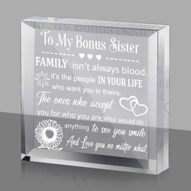 Yookeer My Bonus Sister Gifts Heart Keepsake and Paperweight from Brother Clear Acrylic Sister in Law Gift for Women Friendship for Women Friend Birthday Wedding(Square Style)