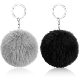 Hicarer 2 Pieces Pom Poms Keychains Fluffy Faux Pompoms Keyring Soft Plush Key Ring Ornament Pendant Accessory for Ladies Women(Grey, Black)