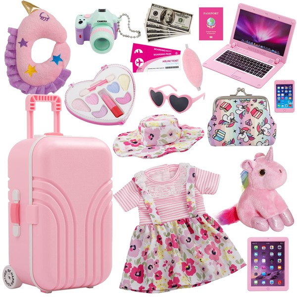Windolls 18 Inch Doll Suitcase Travel Luggage Play Accessories - 18" Doll Clothes Accessories Travel Carrier Storage Set, Include Case, Doll Clothes, Hat, Sunglasses, Camera, Pillow, Toy Pet, etc