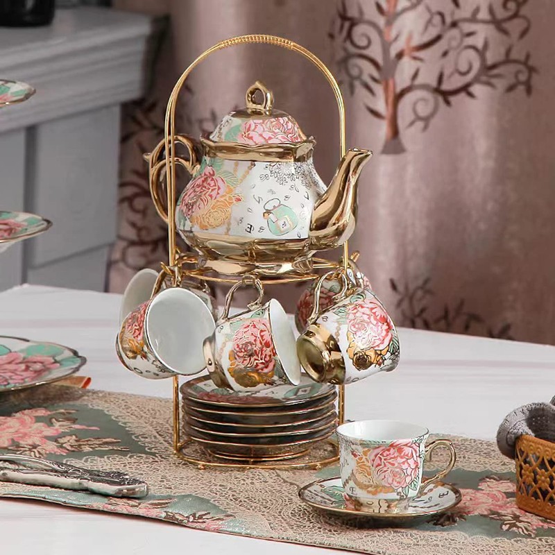 CHANJOON tea sets Gold Plated Red Rose Ceramic Tea Set,