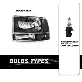 SOCKIR Headlight Assembly Replacement 4Pcs Set for 99 to 04 Ford F250 F350 F450 F550 Super Duty / 00 to 04 Ford Excursion Headlamp (Black Housing)