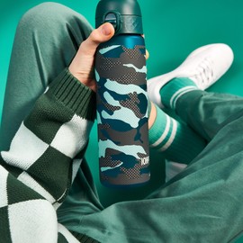 ION8 Water Bottle, 500 ml/18 oz, Leak Proof, Easy to Open, Secure Lock, Dishwasher Safe, BPA Free, Flip Cover, Carry Handle, Fits Cup Holders, Easy Clean, Odor Free, Carbon Neutral, Green, Camo Design