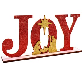 Christmas Wood Joy Sign Glitter Joy Decor Joy Christmas Centerpiece Table Decorations Wooden Cutout Joy Decorative Display Sign on Table or Fireplace Rustic Xmas Decor for Home and Kitchen
