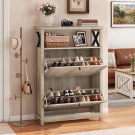 DWVO Shoe Cabinet Entryway, Slim Shoe Storage Cabinet with 2 Flip Drawers, Free Standing Hidden Narrow Shoe Rack Shoe Storage Organizer for Entryway/Hallway/Closet, Old Oak