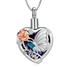 Yinplsmemory Butterfly Cremation Jewelry Heart Urn Ashes Necklace for Women Ashes Loved One Keepsake Memorial Ashes Jewelry, Stainless Steel, no gemstone