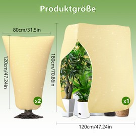 Winter Protection for Plants, Pack of 3, Frost Protection, Plant Protection, Reusable, Freezer-Safe Plant Bag with Zip and Pull Rope, 120 x 80 cm x 2 Pieces, 120 x 180 cm x 1 Piece