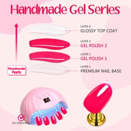 GLAMERMAID Hot Pink Press on Nails Medium Oval- Handmade Glossy Jelly Gel Glue on Gel Nails, Seduction Rose Fake Nails Medium Short, Solid Acrylic False Nail Kits, Nude Round Stick Glue on Nails Sets