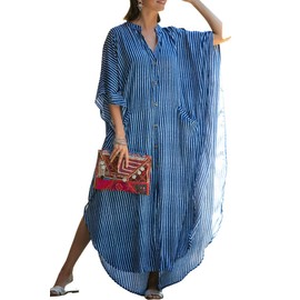 LikeJump Women's Cardigan Bohemian Kimono Swimsuits Kaftan Bikini Cover Ups Summer Beach Dress Maxi Tops Blue White