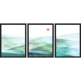SIGNWIN Framed Watercolor Mountains Wall Art, Set of 3 Green Blue Pastel Wall Decor Prints, Nature Wilderness Wall Décor for Living Room, Bedroom - 12"x16" Black