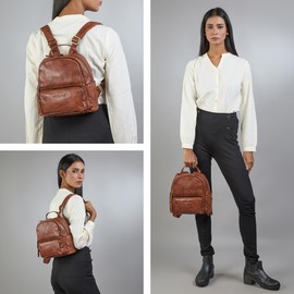 STILORD 'Sue' Leather Backpack for Women - Small Elegant Ladies Backpack - Mini Daypack for City, Travel and Leisure - Anti-Theft Genuine Leather Rucksack Bag Woman, Colour:brandy - cognac