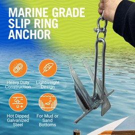 Boat Anchor with Slip Ring, Fluke Design for Pontoon, Jon Boat, or Small Boats, Galvanized Steel Marine Grade, Suitable for Sea and Lake, 5 lb Anchor for Boats 15-19 ft