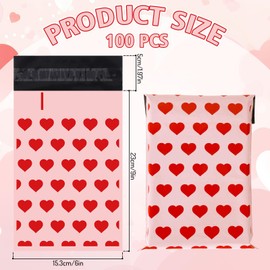 JarThenaAMCS 100Pcs Valentine's Day Poly Mailers 6 x 9 Inch Red Hearts Packaging Bags Waterproof Self Seal Mailing Envelope Bags for Small Business Boutique Clothing Document Gift