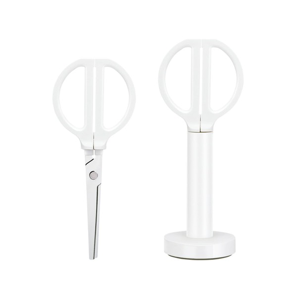 Deli Nusign Scissors, Standing, White, White, Simple Design, Compact and Stylish, Can Be Stored in the Included Stand, Designed to Prevent Fall Over, Titanium Coating to Prevent Rust and Stickiness, Instruction Manual Included, Craft Scissors, Stand, Sto