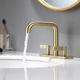Bathroom Faucet 2 Handles, indare 4inch Centerset Faucet for Bathroom Sink, Vanity Faucet Brass Construction, with Drain Assembly and Supply Hoses, Brushed Gold, 110102-BG