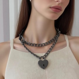 EverGlimp Handmade Black Choker Collar Necklace For Women, Punk Gothic Heart Slip Chain Long Necklace, Adjustable Buckle And Heart Padlock With Key